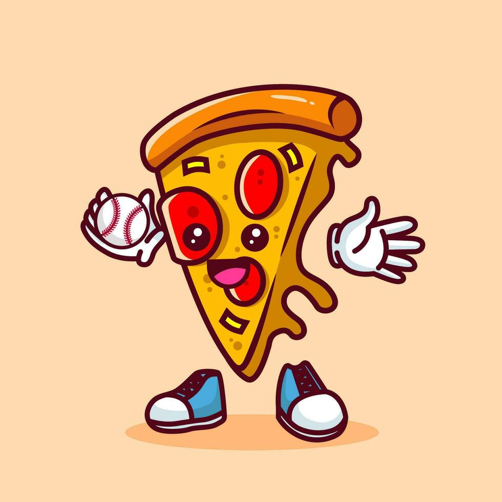 vector ilustración de kawaii Pizza dibujos animados personaje con béisbol murciélago y pelota. vector eps 10