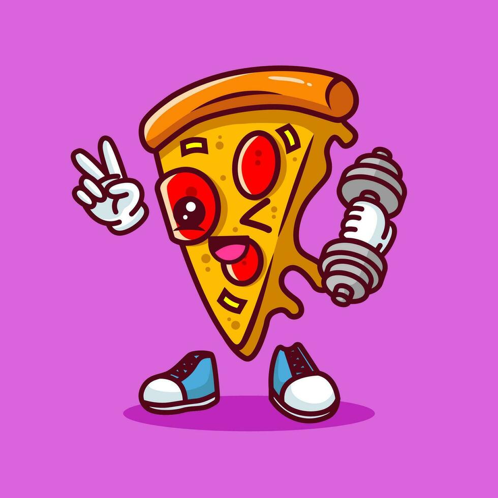 Vector illustration of kawaii pizza cartoon character with barbell. Vector eps 10