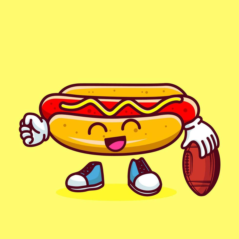 Vector illustration of kawaii hot dog cartoon character with american football ball. Vector eps 10