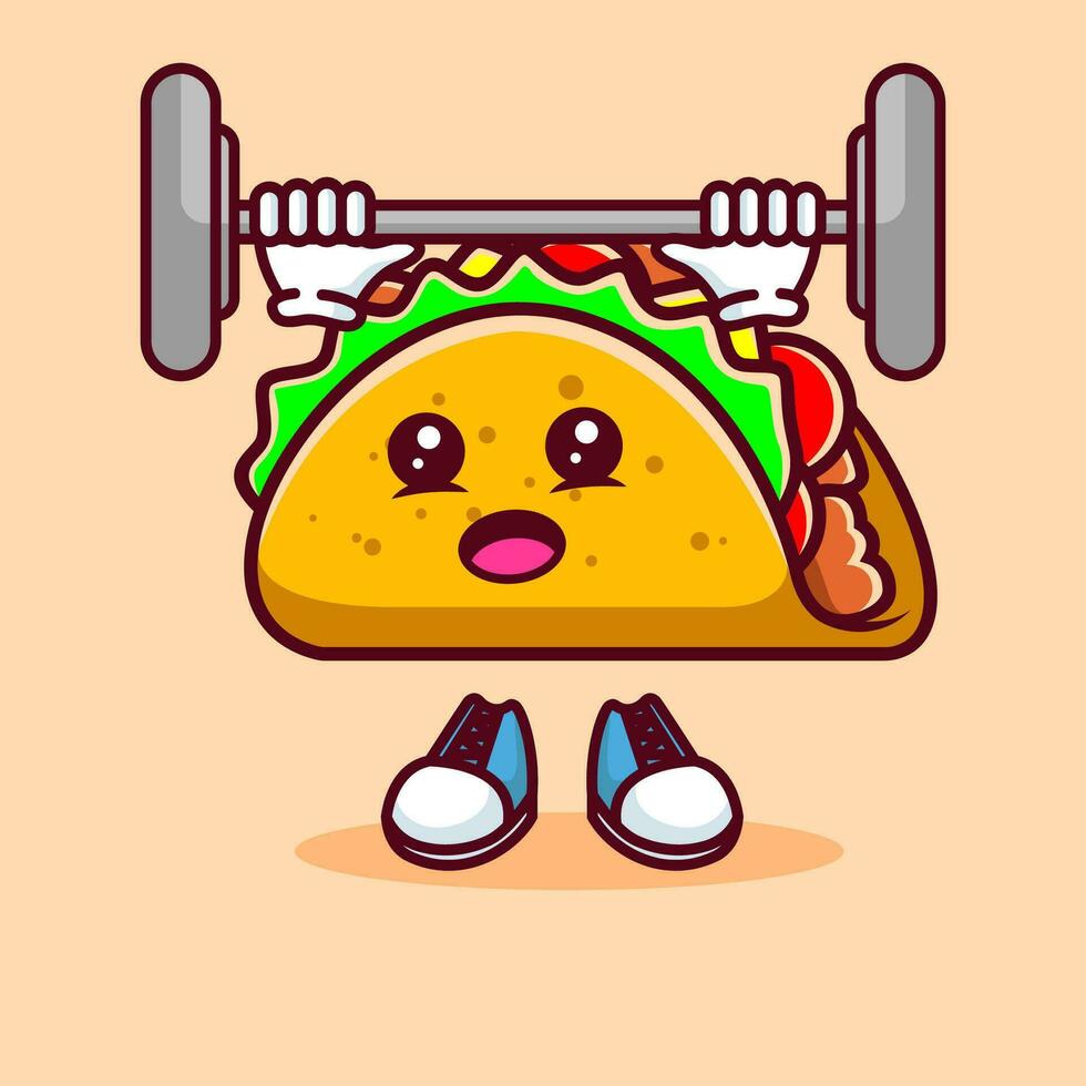 vector ilustración de kawaii taco dibujos animados personaje con barra con pesas. vector eps 10