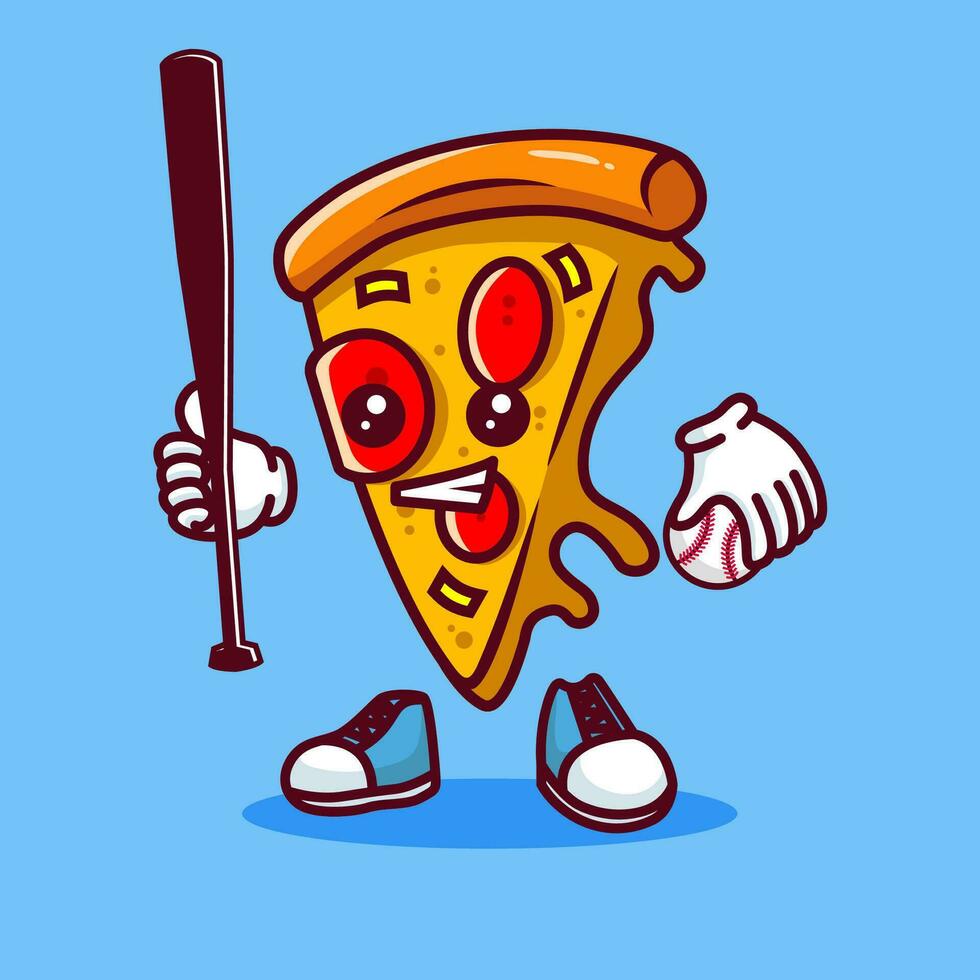 Vector illustration of kawaii pizza cartoon character with baseball bat and ball. Vector eps 10