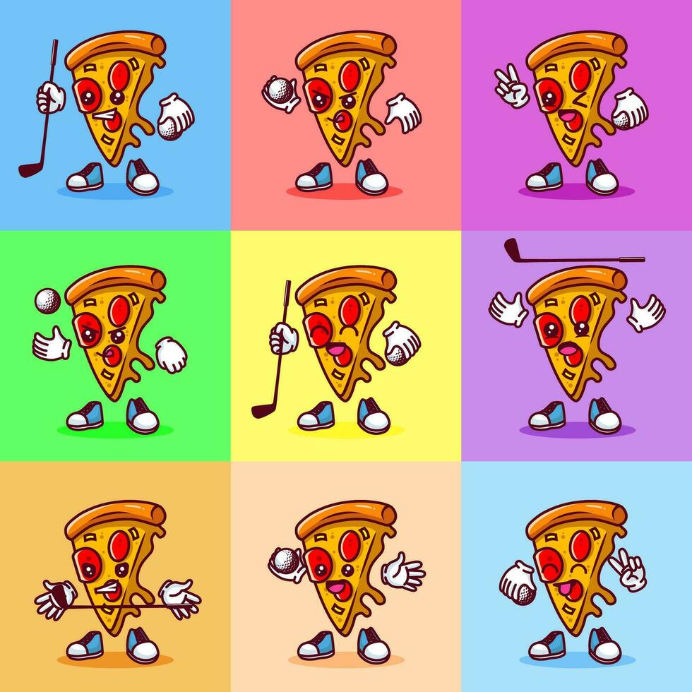 conjunto de vector ilustración de kawaii Pizza dibujos animados personaje con palo golf y pelota. vector eps 10