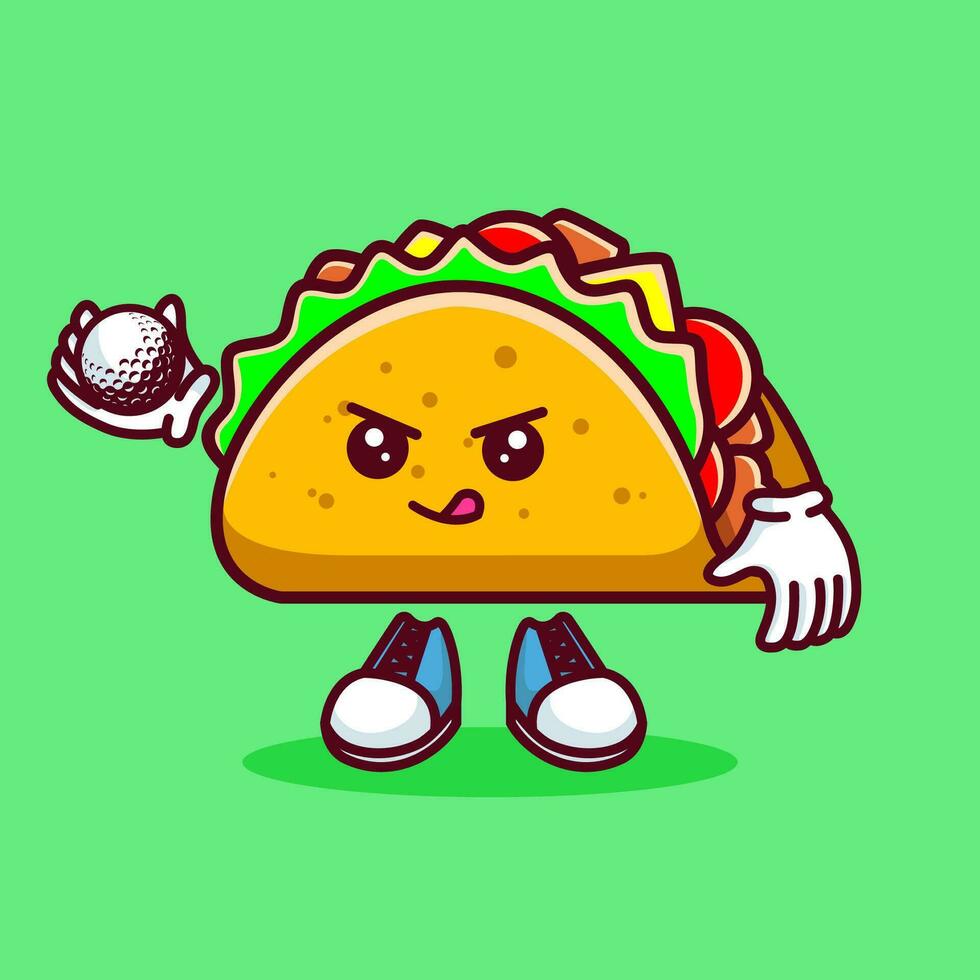 vector ilustración de kawaii taco dibujos animados personaje con palo golf y pelota. vector eps 10