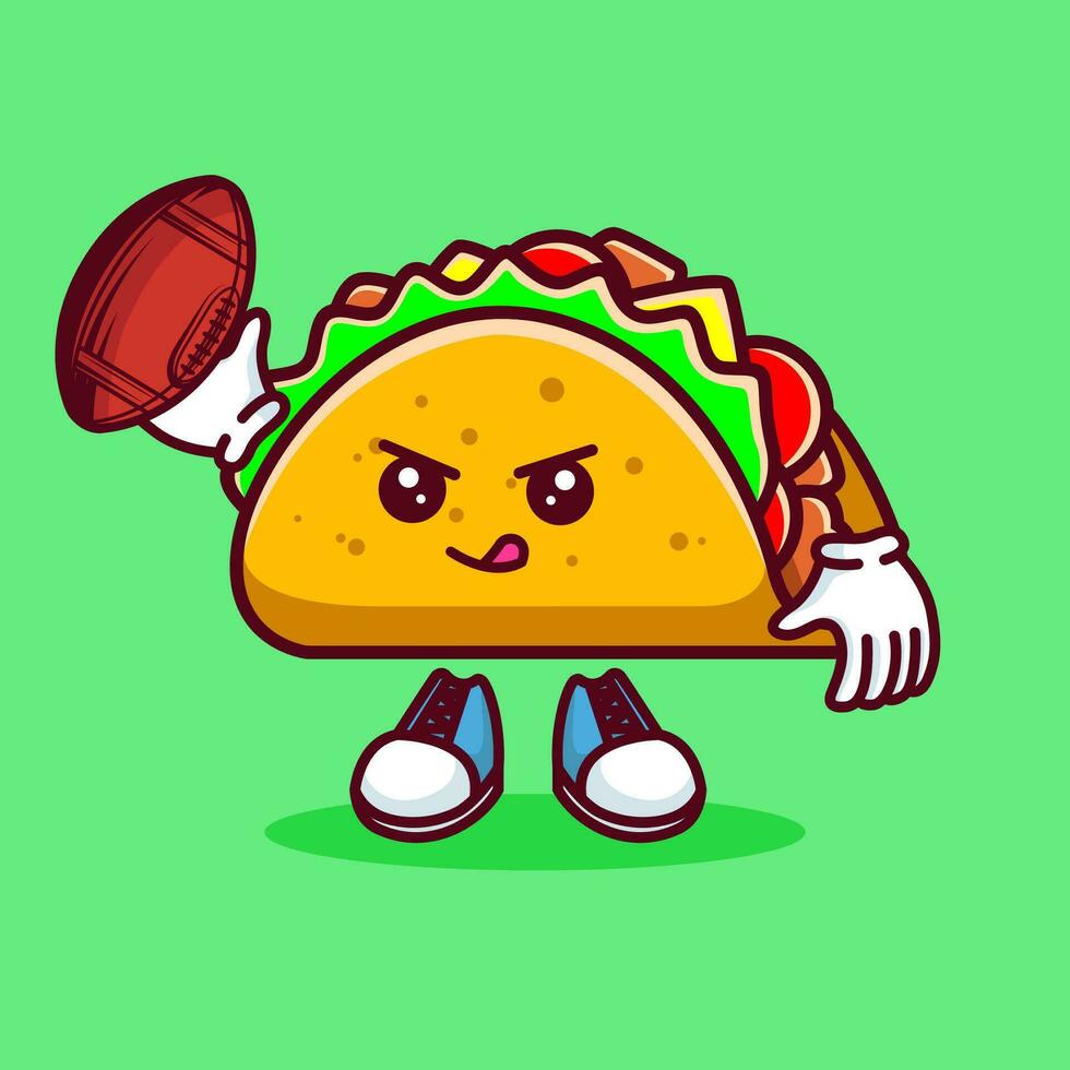 Vector illustration of kawaii taco cartoon character with american football ball. Vector eps 10