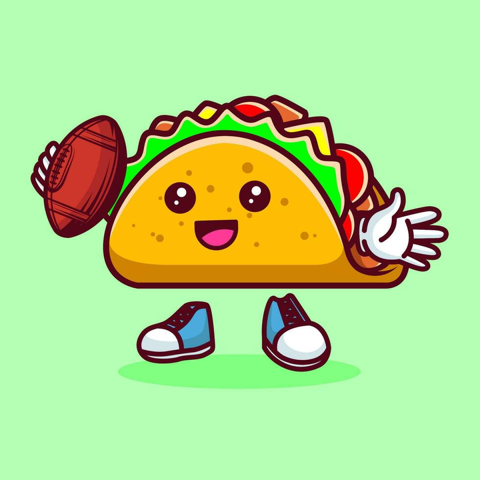 Vector illustration of kawaii taco cartoon character with american football ball. Vector eps 10