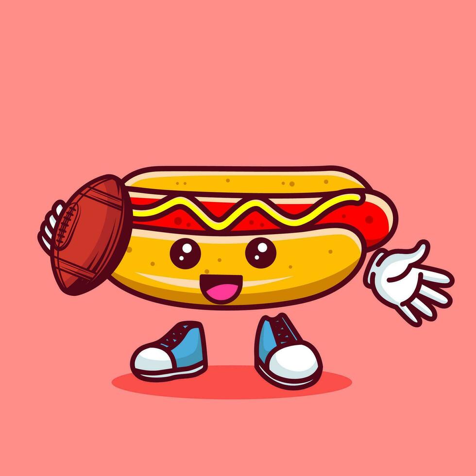 Vector illustration of kawaii hot dog cartoon character with american football ball. Vector eps 10