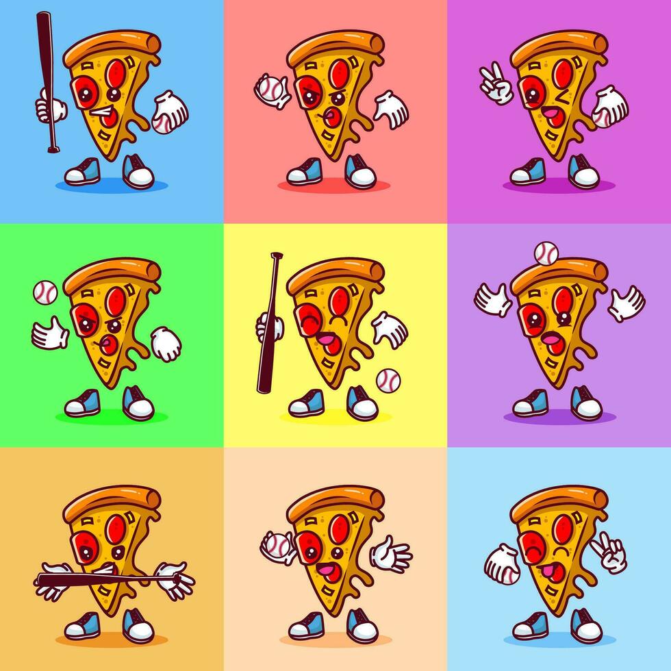 Set of Vector illustration of kawaii pizza cartoon character with baseball bat and ball. Vector eps 10
