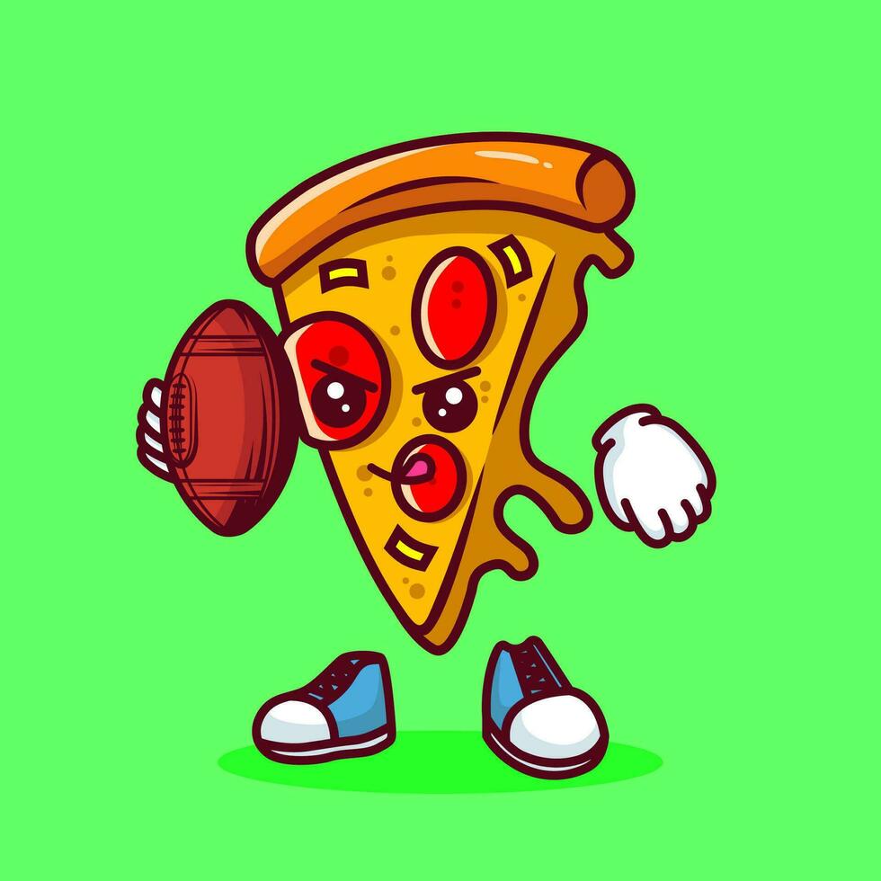 Vector illustration of kawaii pizza cartoon character with american football ball. Vector eps 10