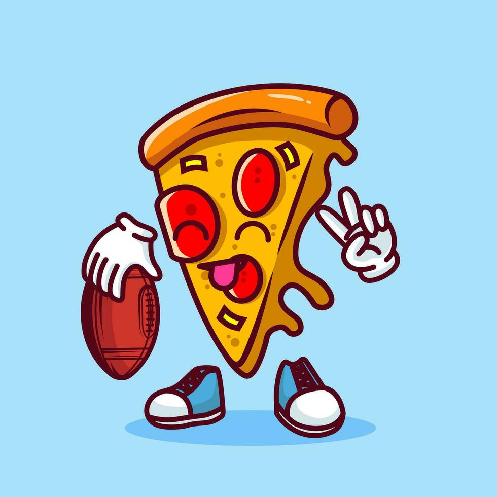 Vector illustration of kawaii pizza cartoon character with american football ball. Vector eps 10