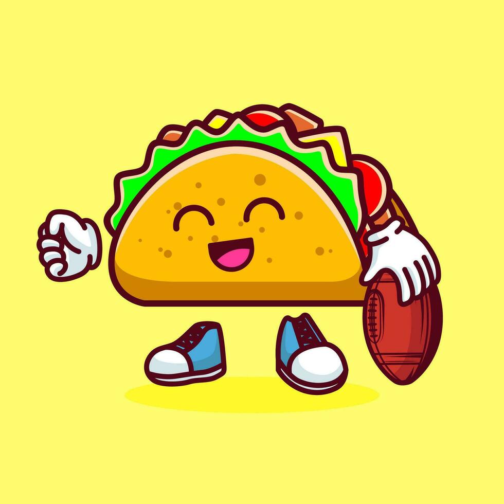 Vector illustration of kawaii taco cartoon character with american football ball. Vector eps 10