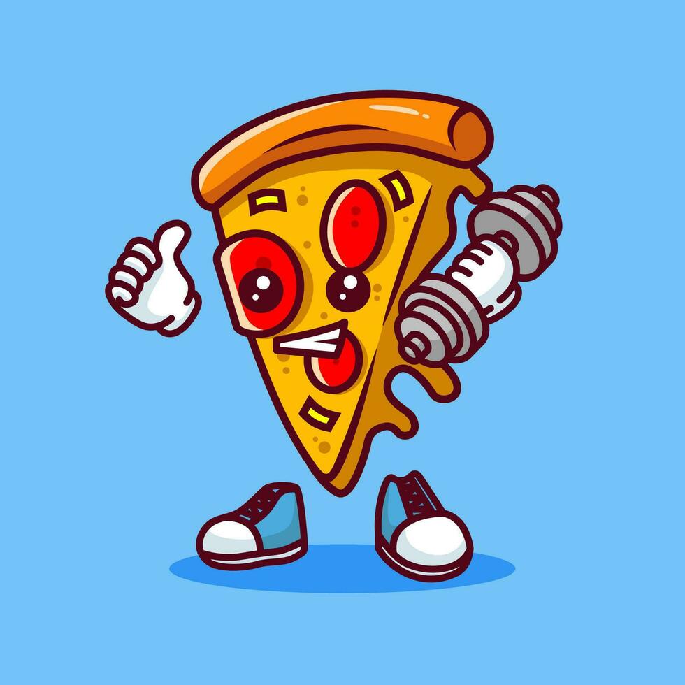 Vector illustration of kawaii pizza cartoon character with barbell. Vector eps 10