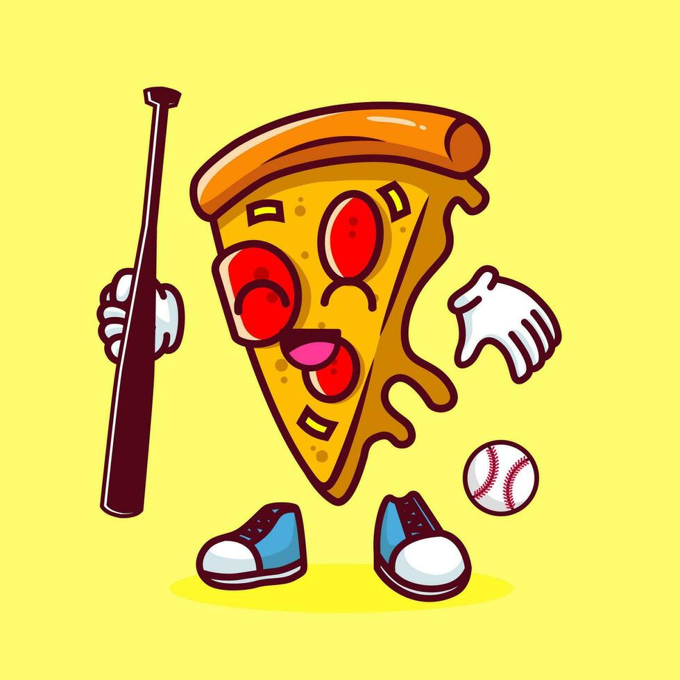 Vector illustration of kawaii pizza cartoon character with baseball bat and ball. Vector eps 10