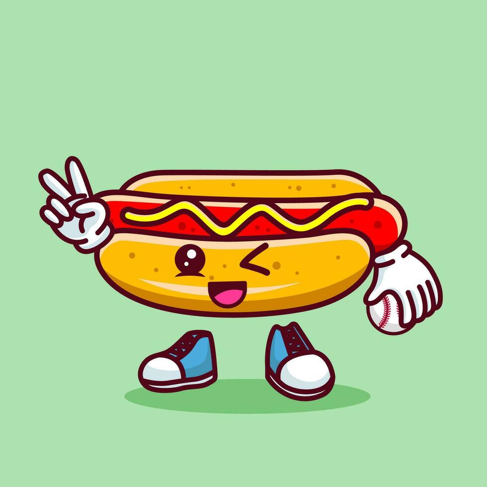 Vector illustration of kawaii hot dog cartoon character with baseball bat and ball. Vector eps 10