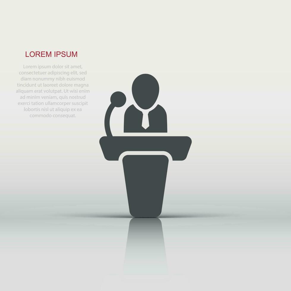 Public speach icon in flat style. Podium conference vector illustration on white isolated background. Tribune debate business concept.