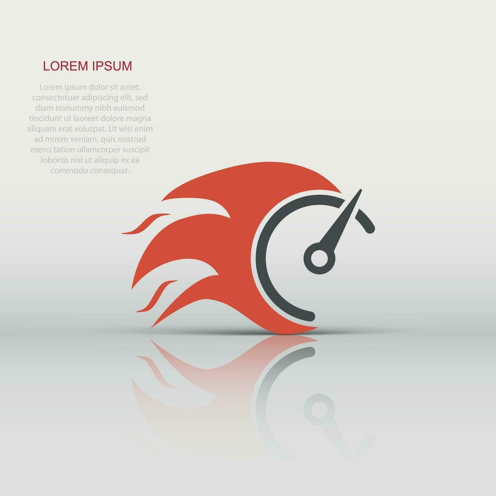 Flaming speedometer sign icon in flat style. Accelerate vector illustration on white isolated background. Motion tachometer business concept.