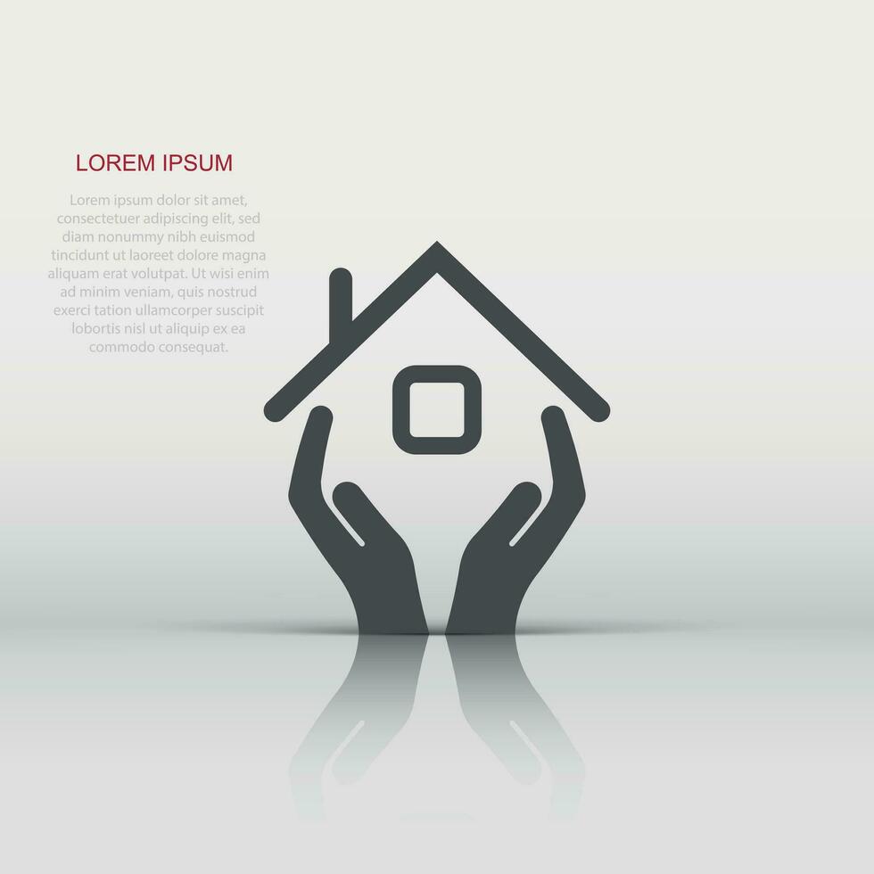 Home care icon in flat style. Hand hold house vector illustration on white isolated background. Building quality business concept.