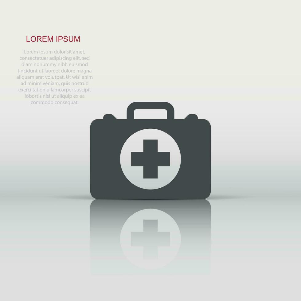 First aid kit icon in flat style. Health, help and medical diagnostics vector illustration on white isolated background. Doctor bag business concept.