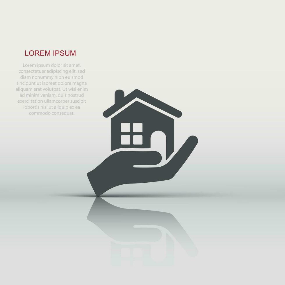 Home care icon in flat style. Hand hold house vector illustration on white isolated background. Building quality business concept.