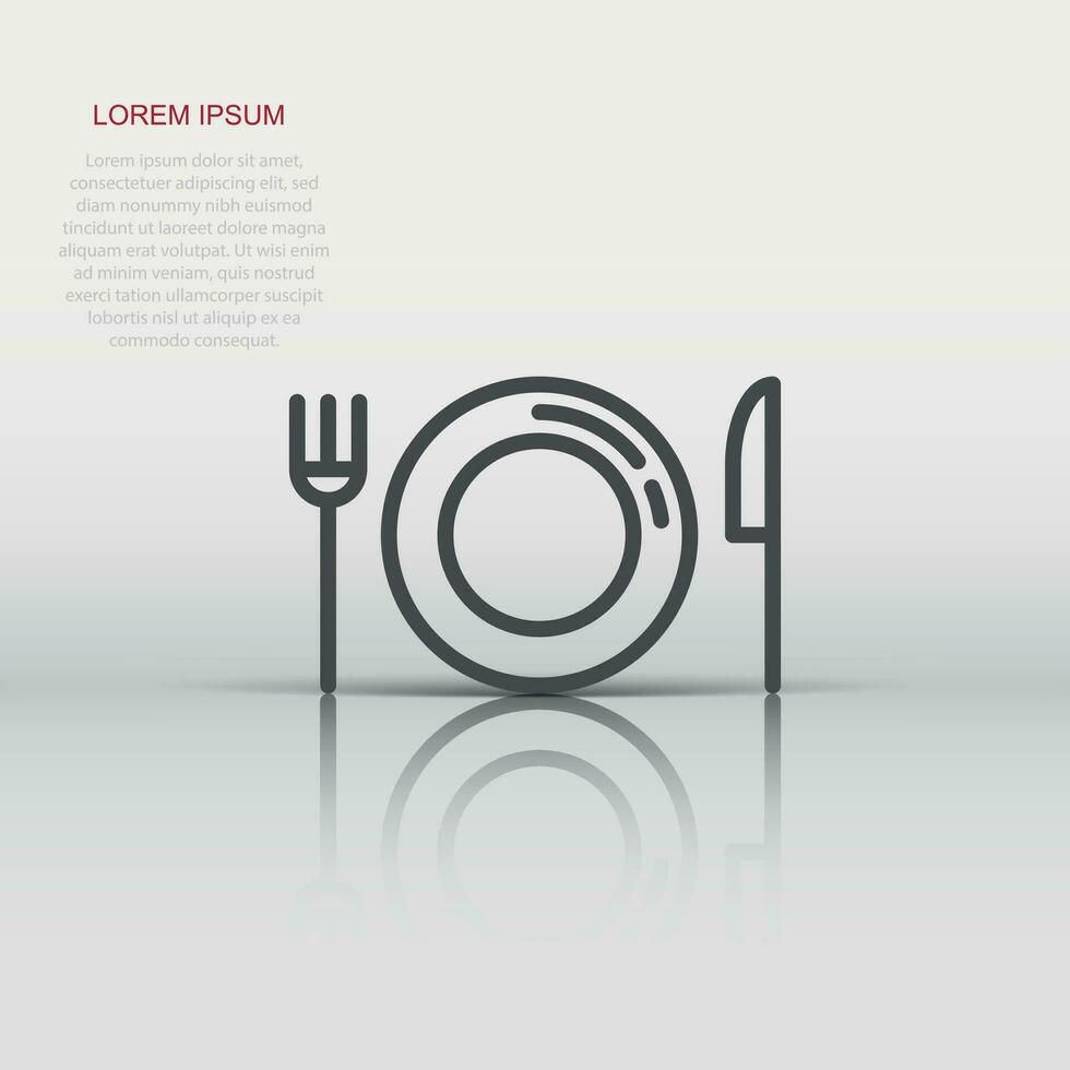 Fork, knife and plate icon in flat style. Restaurant vector illustration on white isolated background. Dinner business concept.