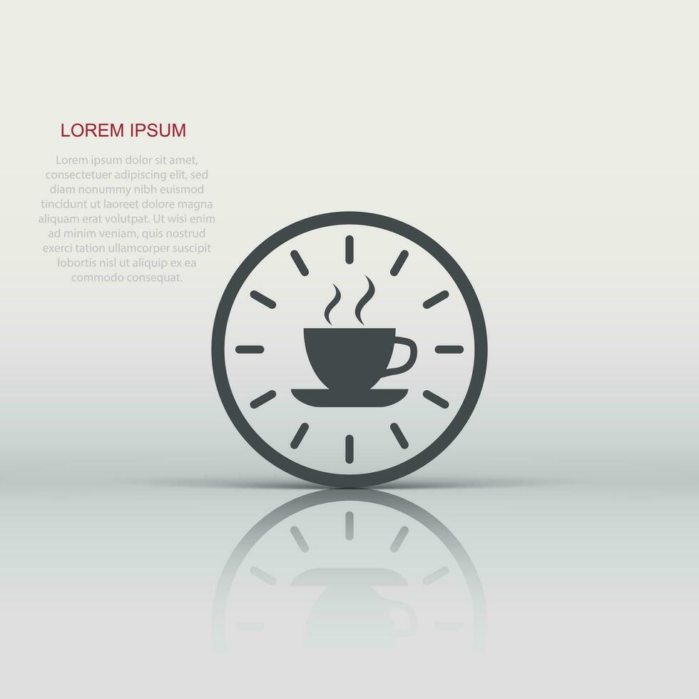 Coffee break icon in flat style. Clock with tea cup vector illustration on white isolated background. Breakfast time business concept.