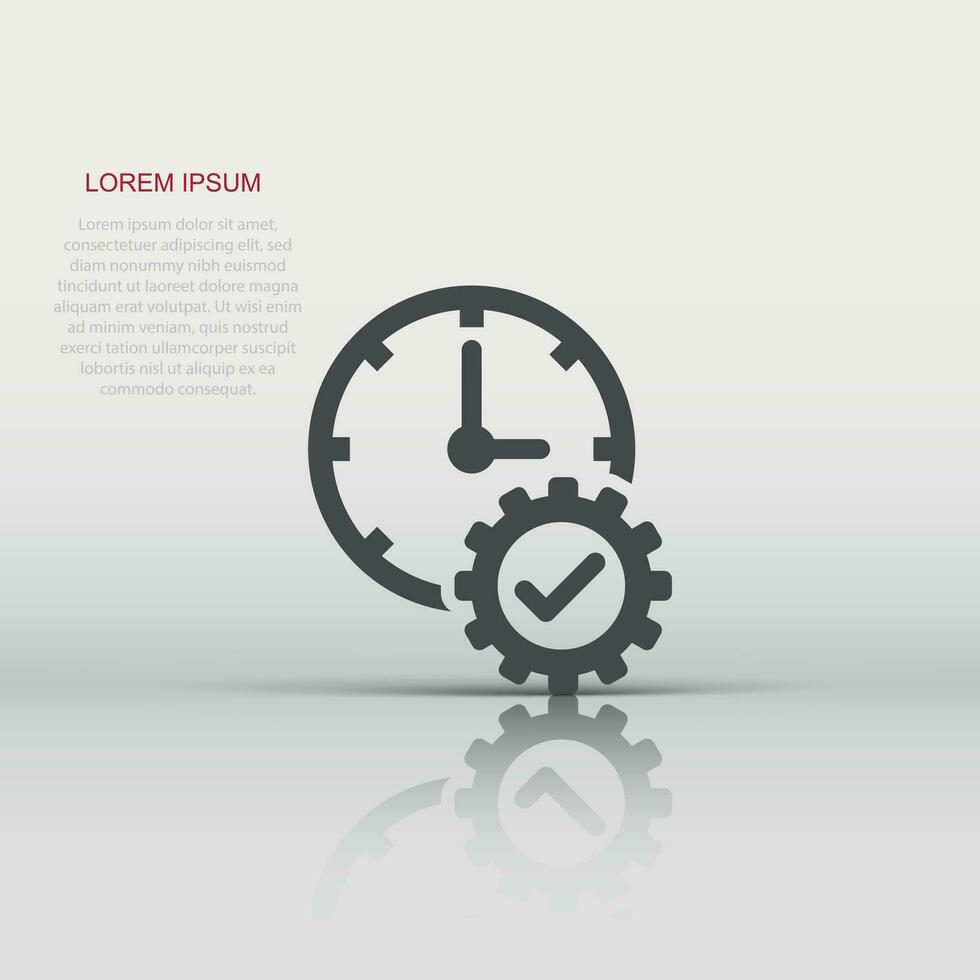 Check mark on clock icon in flat style. Gear with time vector illustration on white isolated background. Production business concept.