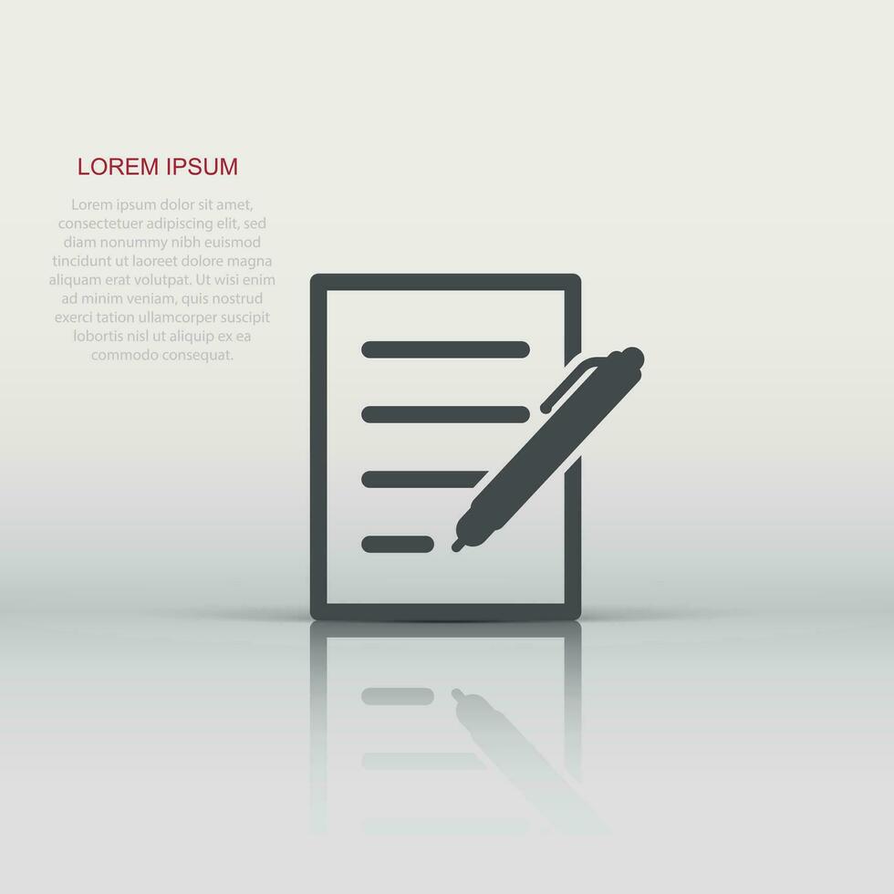 Document with pen icon in flat style. Notepad vector illustration on white isolated background. Office stationery business concept.