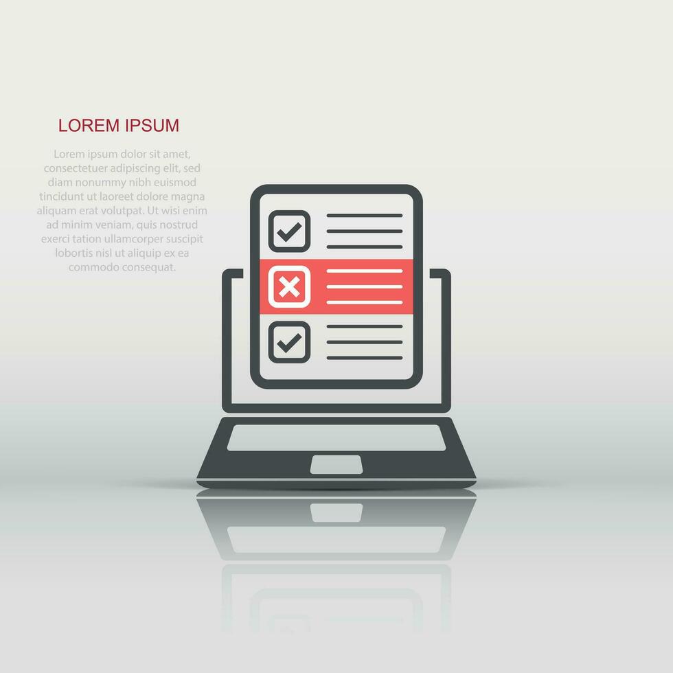 Questionnaire laptop icon in flat style. Online survey vector illustration on white isolated background. Checklist report business concept.