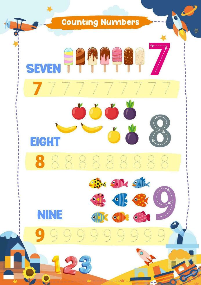 nursery worksheet, learning to count and tracing numbers vector