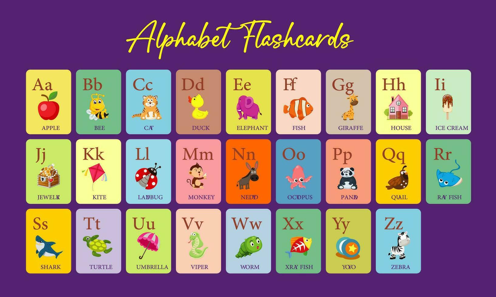 alphabet flashcards for kids, learning animals vector