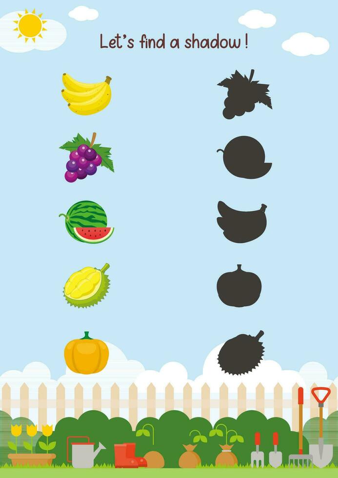 connect fruits with their corresponding shadows. Activity worksheet vector