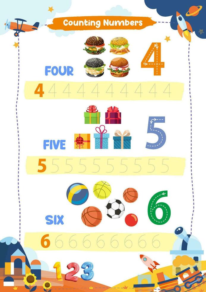 nursery worksheet, learning to count and tracing numbers vector