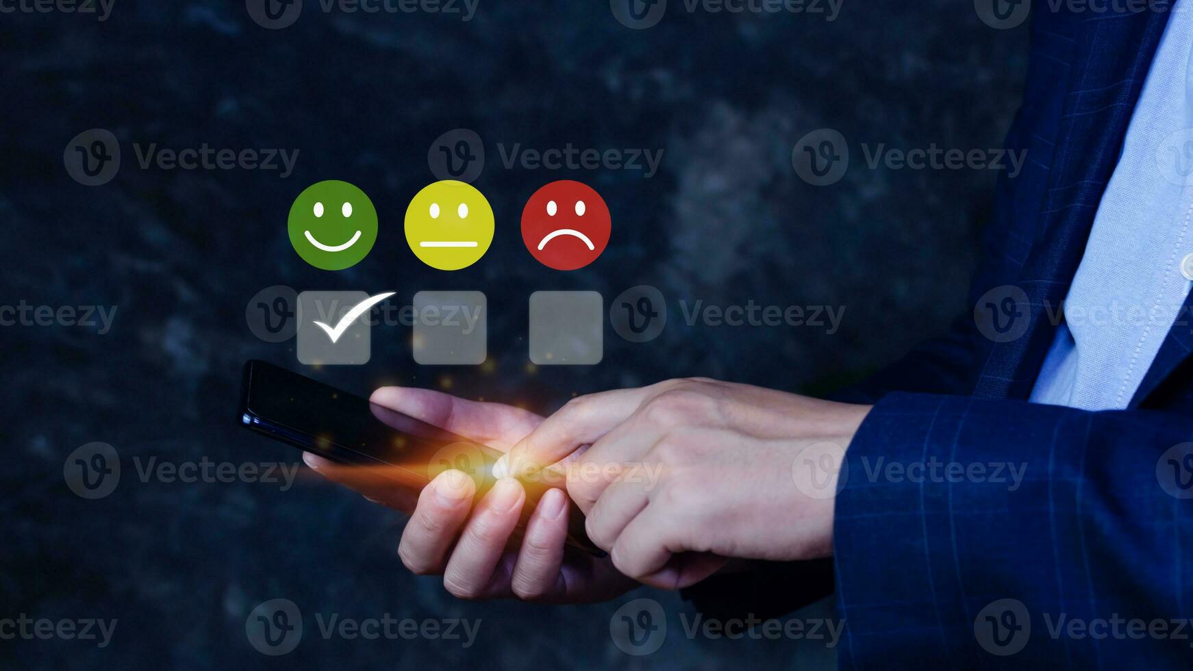 Businessman choosing happy smile face icon. feedback rating and positive customer review experience, satisfaction survey. mental health assessment. World mental health day concept photo