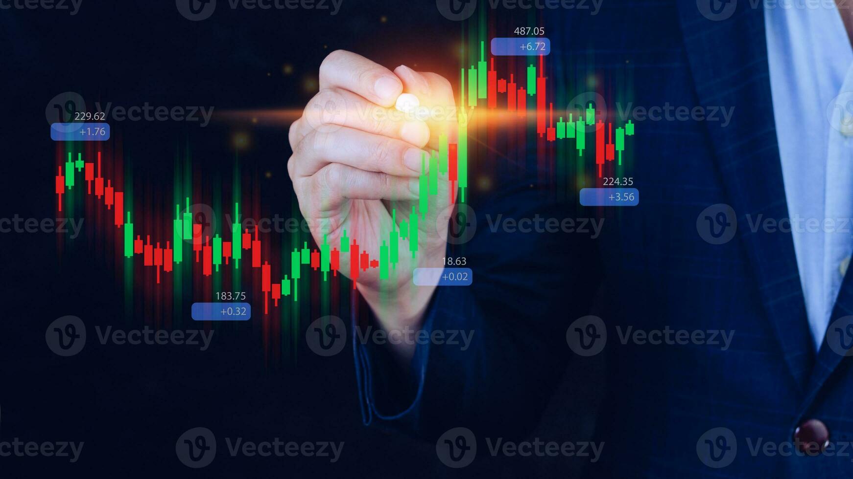 Hand of businessman or trader is touching growing virtual hologram stock, planning and strategy, Stock market, Business growth, progress or success concept. invest in trading. photo