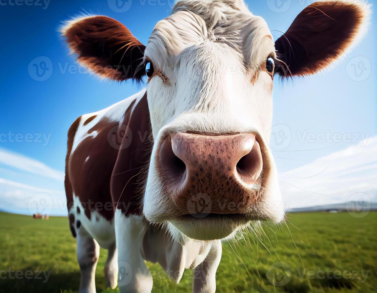 Panoramic shot of cows standing in the meadow at sunset.. photo