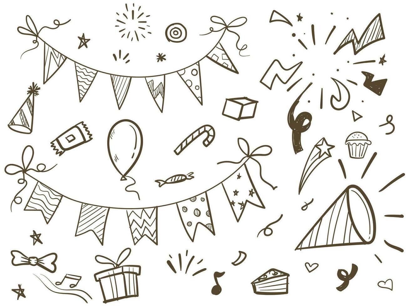Set of party doodle. Hand drawn Sketch of Birthday decoration, gift box, cake, party hats vector