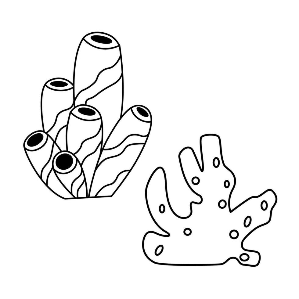 Reef corals outline contour black and white doodle vector illustration