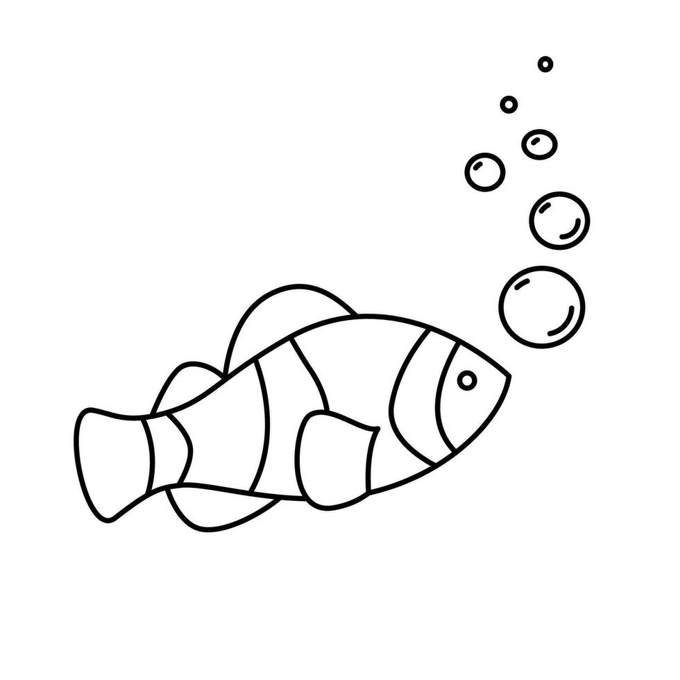 Tropical clown fish with air bubbles line contour doodle drawing coloring page design element. Outline black and white vector illustration isolated on white background.