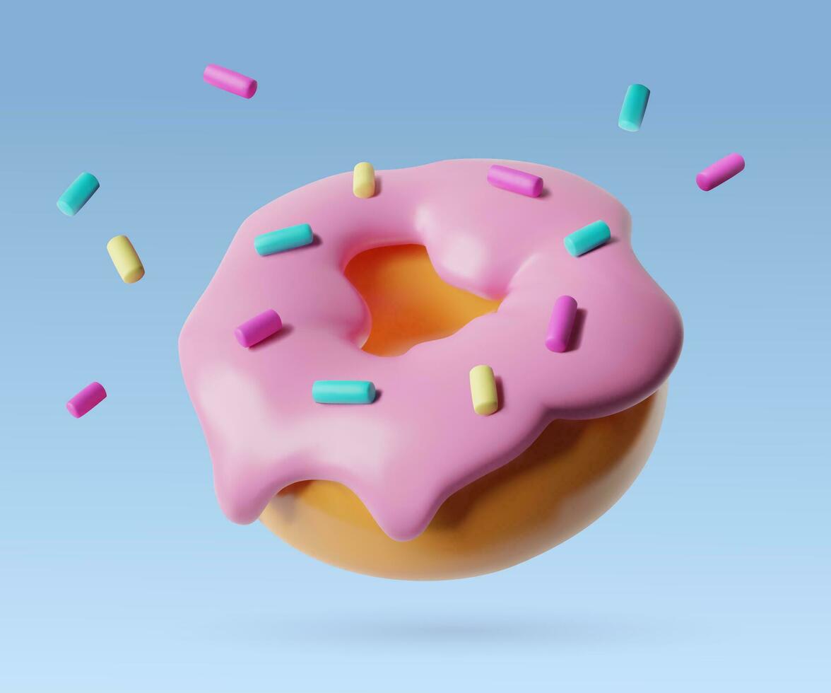 3d realistic donut with pink icing and flying colorful sprinkles. Glossy plastic three dimentional cute food icon. Vector illustration on removable blue background.