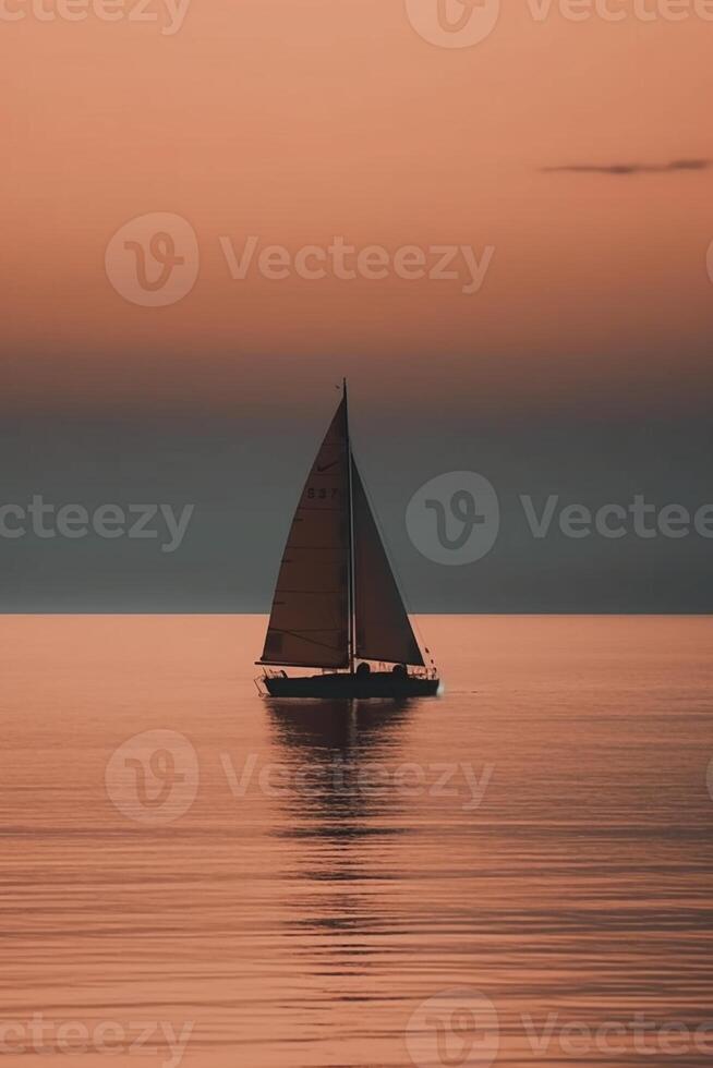 Sailbot on the calm water surface, created with photo