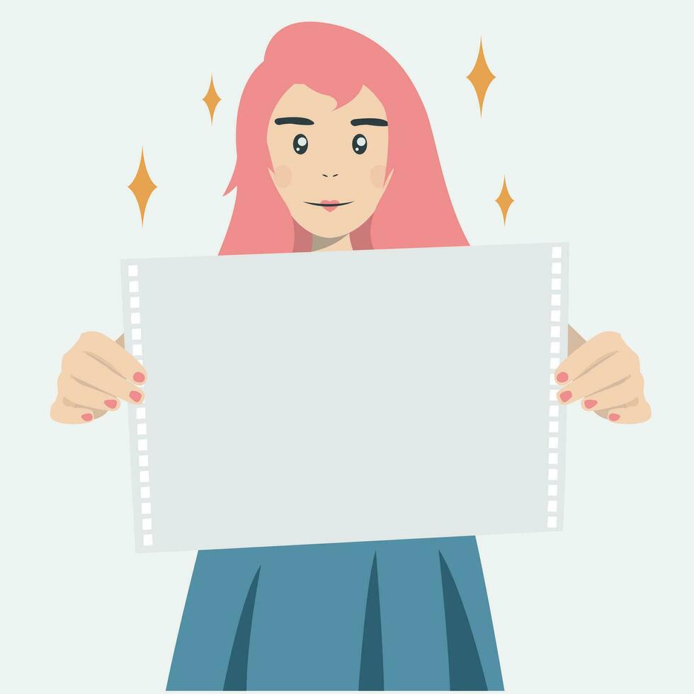 Woman holding blank sheet of paper. Vector illustration in flat style