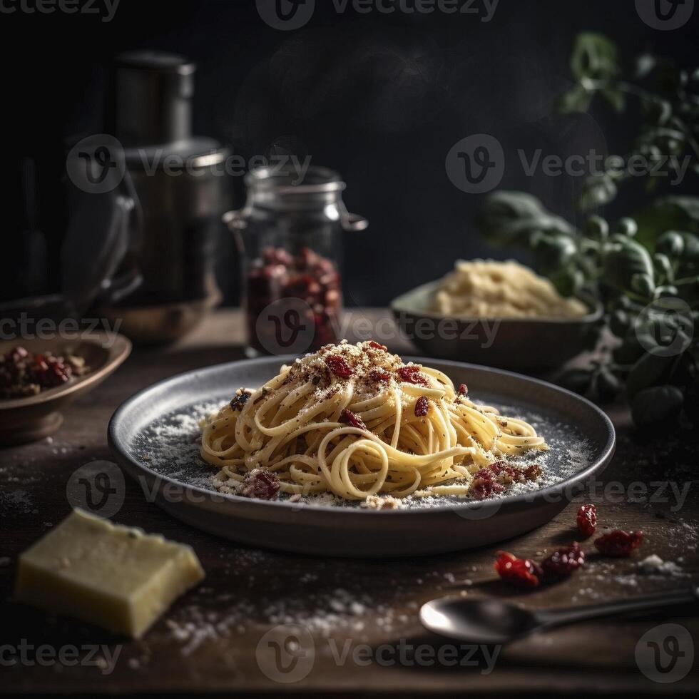 sin carne carbonara espaguetis con seco Tomates y pecorino queso, creado con generativo ai foto