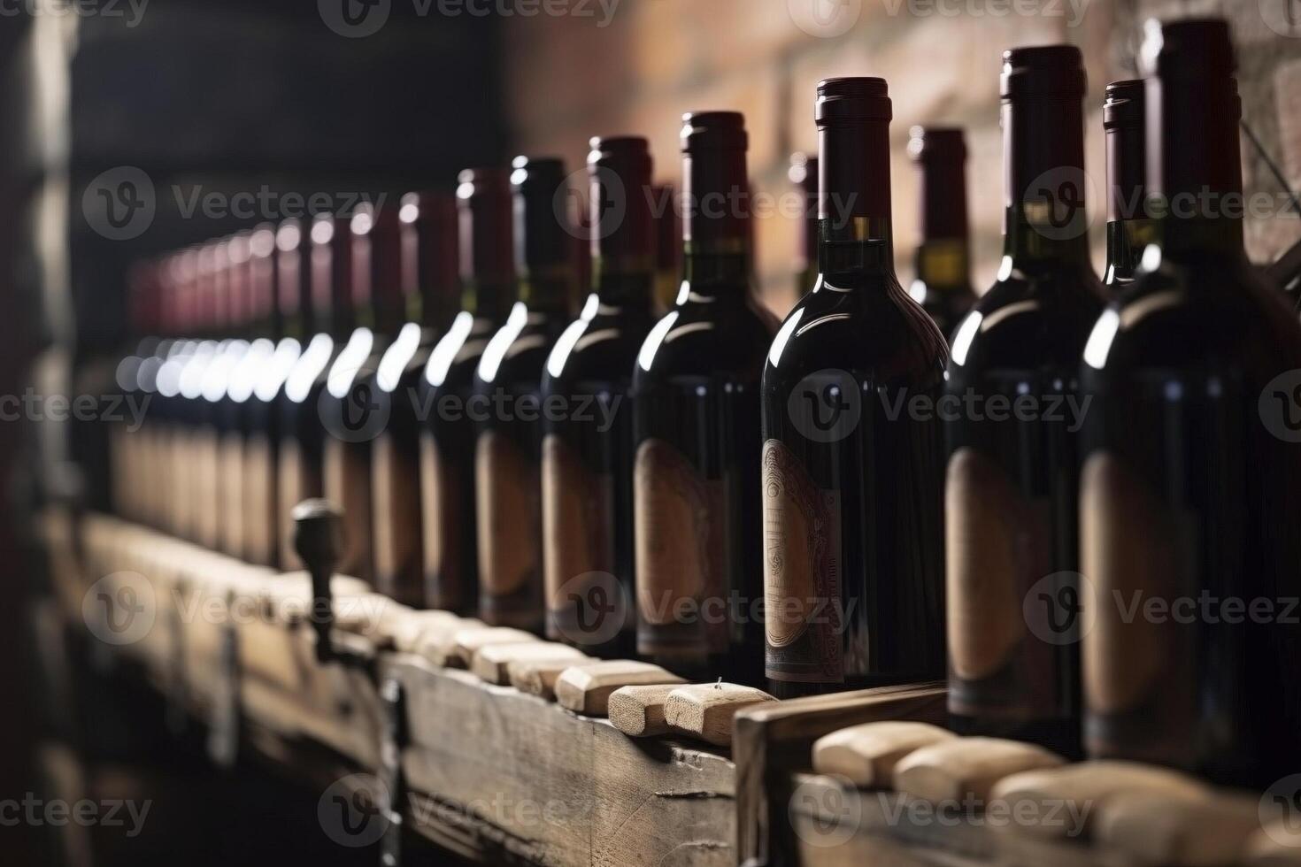 Red wine bottles on wooden shelf, created with photo