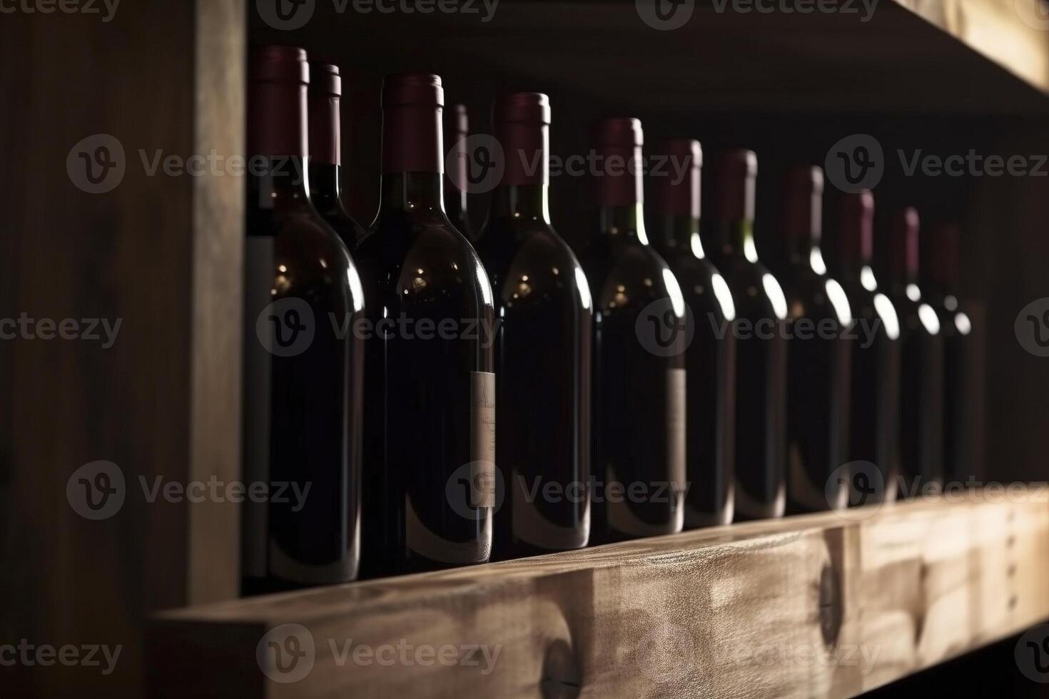 Red wine bottles on wooden shelf, created with photo