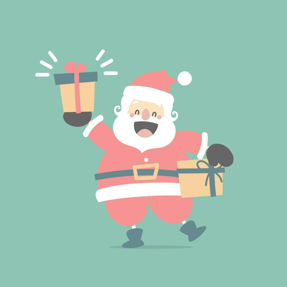 feliz navidad y feliz año nuevo con lindo santa claus y regalo presente en la temporada de invierno fondo verde, ilustración vectorial plana diseño de vestuario de personaje de dibujos animados vector