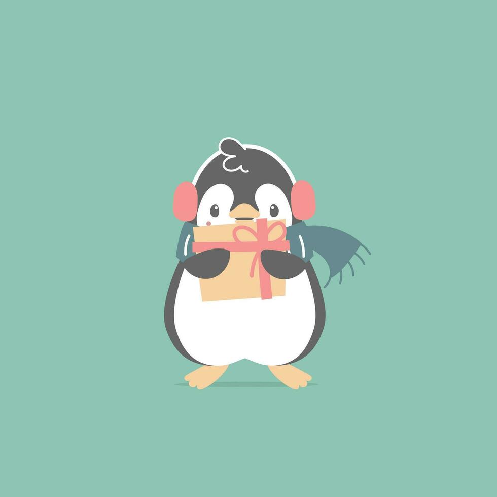 merry christmas and happy new year with penguin and present gift box in the winter season green background, flat vector illustration cartoon character costume design