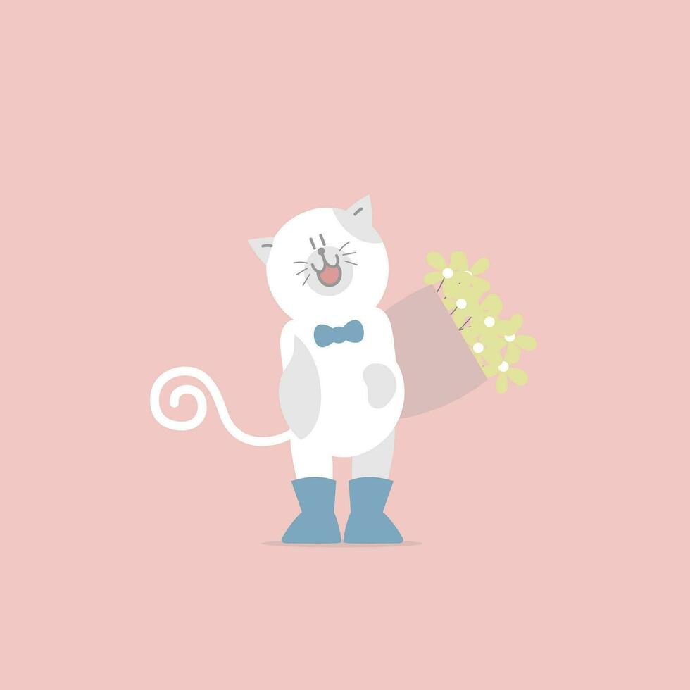 linda y encantador gato y flor, contento San Valentín día, cumpleaños, amor concepto, plano vector ilustración dibujos animados personaje diseño aislado