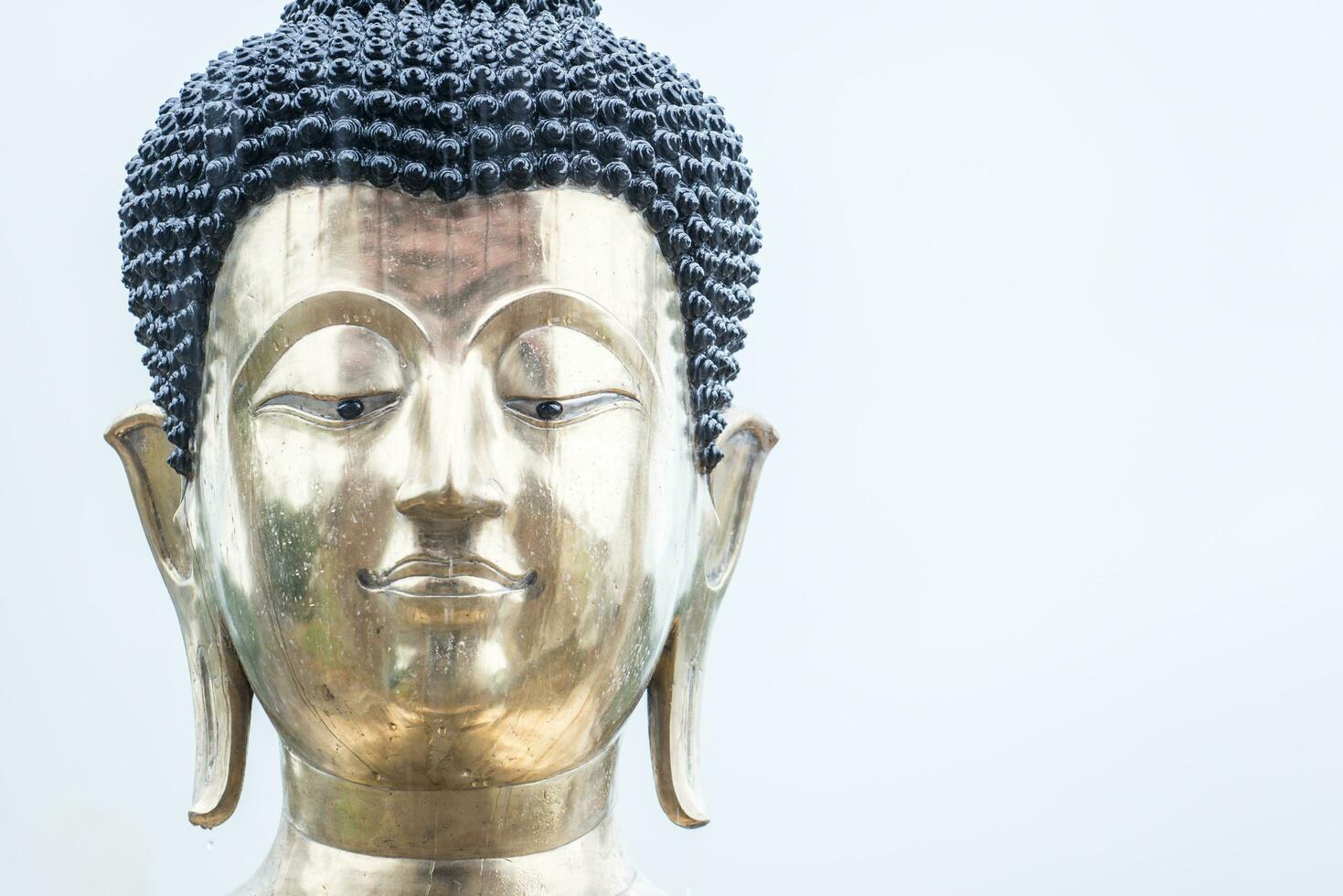 The close up of Buddha statue face on isolated white sky. photo