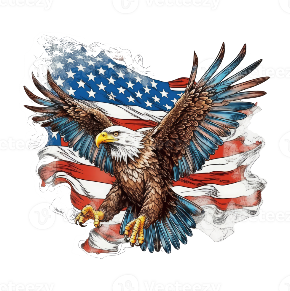 eagle flying majesticaly in front of the american flag. png