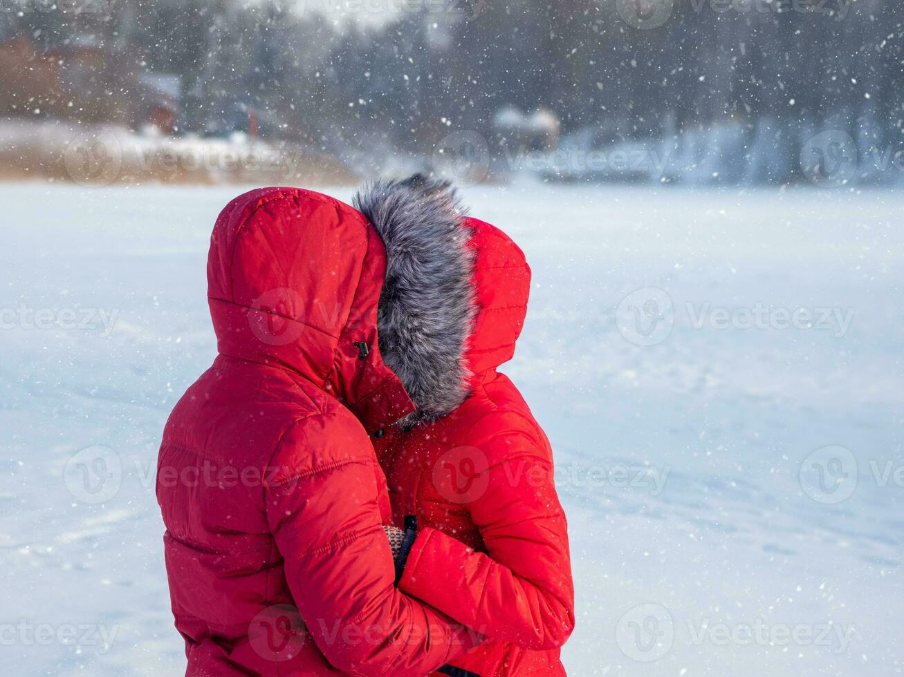 amor en el frío. un Pareja en rojo chaquetas abrazando en el nieve en invierno foto