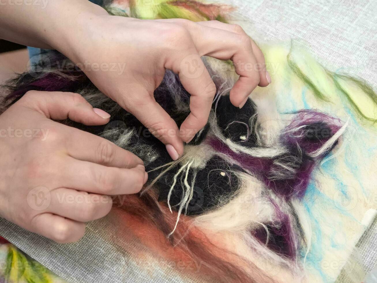 Process of creating a picture of wool. Contemporary art - felting wool, handmade. The painting -depicts the cheerful raccoon. The picture is created from natural wood fibers of different colors. photo